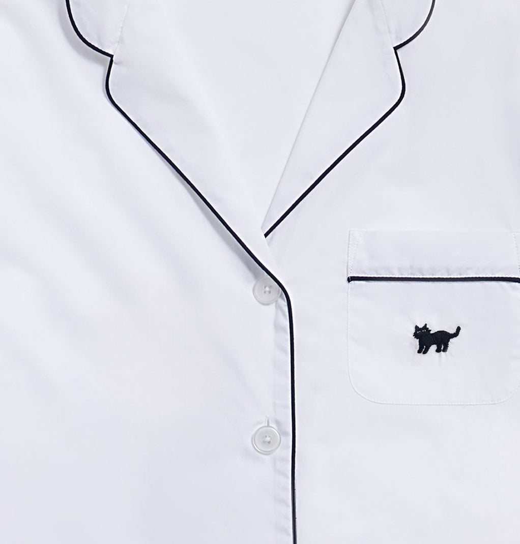 Marina Pajama Set in Hand-Embroidered Black Cat